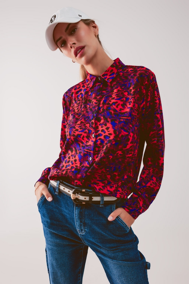 Overhemd met lange mouwen in rood luipaardprint