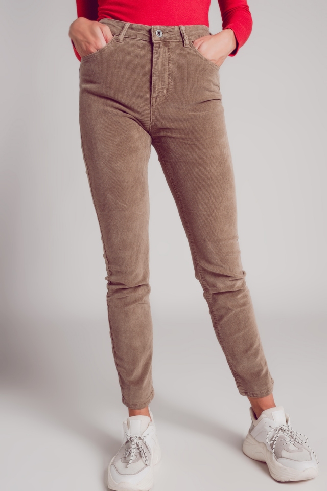 Skinny broek van katoenen corduroy in beige