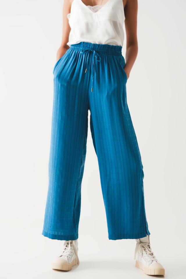 Pantalon large taille élastique bleu