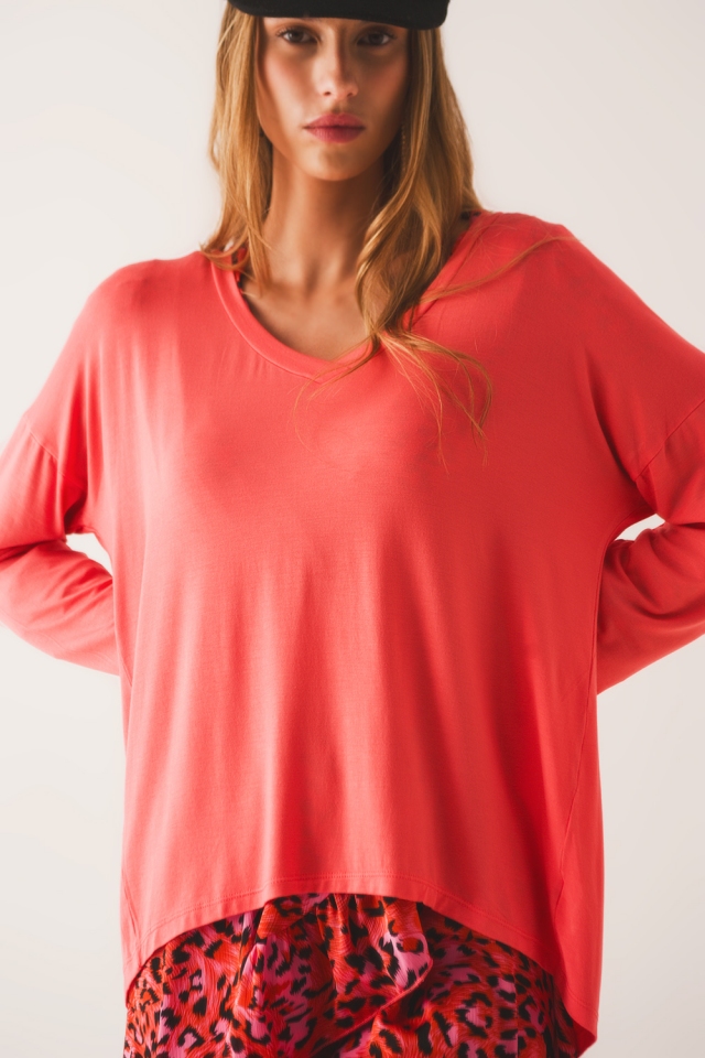 Orange long sleeve v neck top in modal