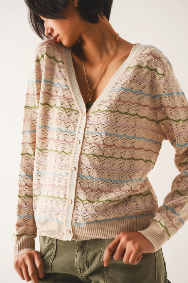 Beige Strickjacke aus strukturiertem Pointelle