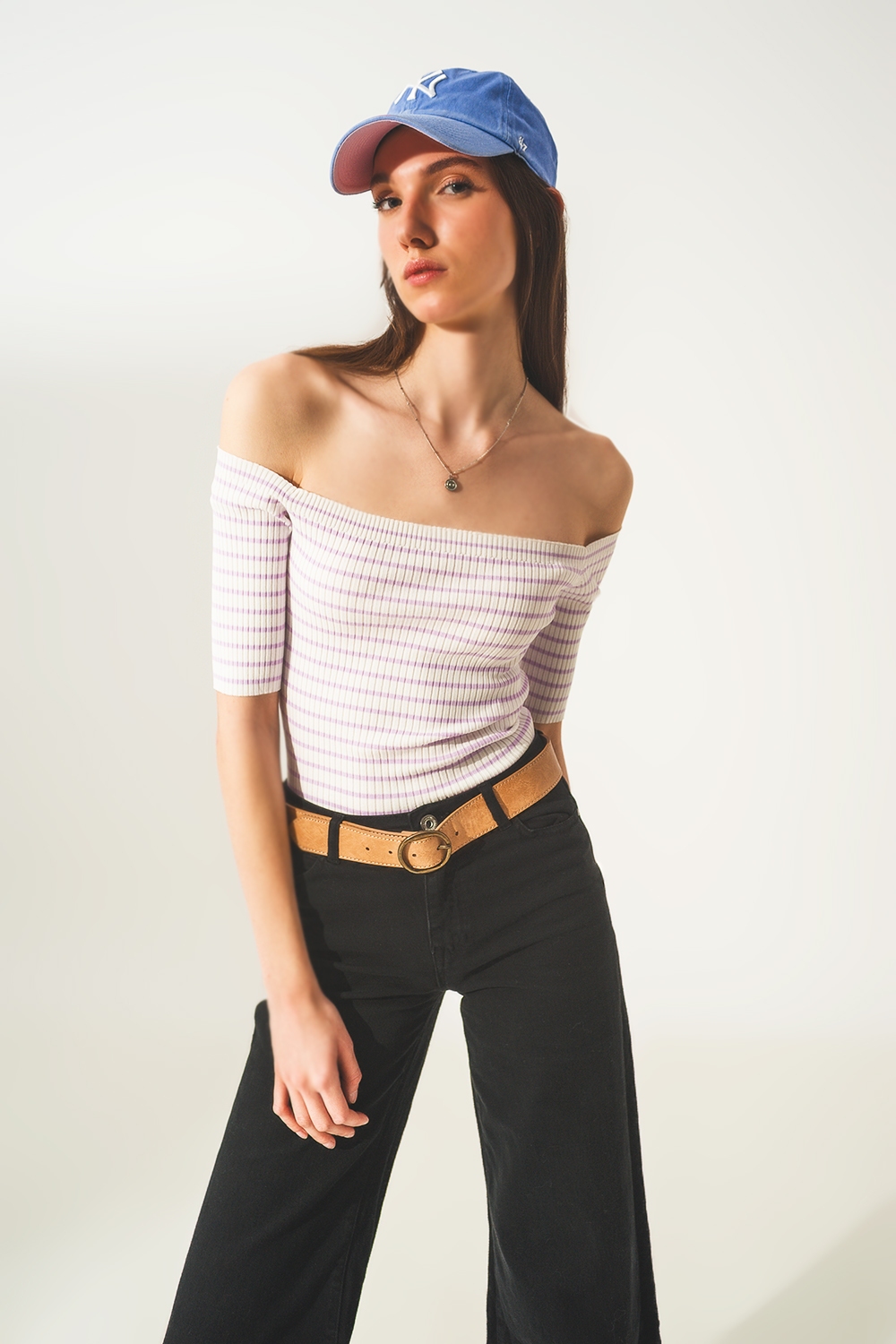 Top lila a rayas con escote Bardot Top lila a rayas con escote Bardot