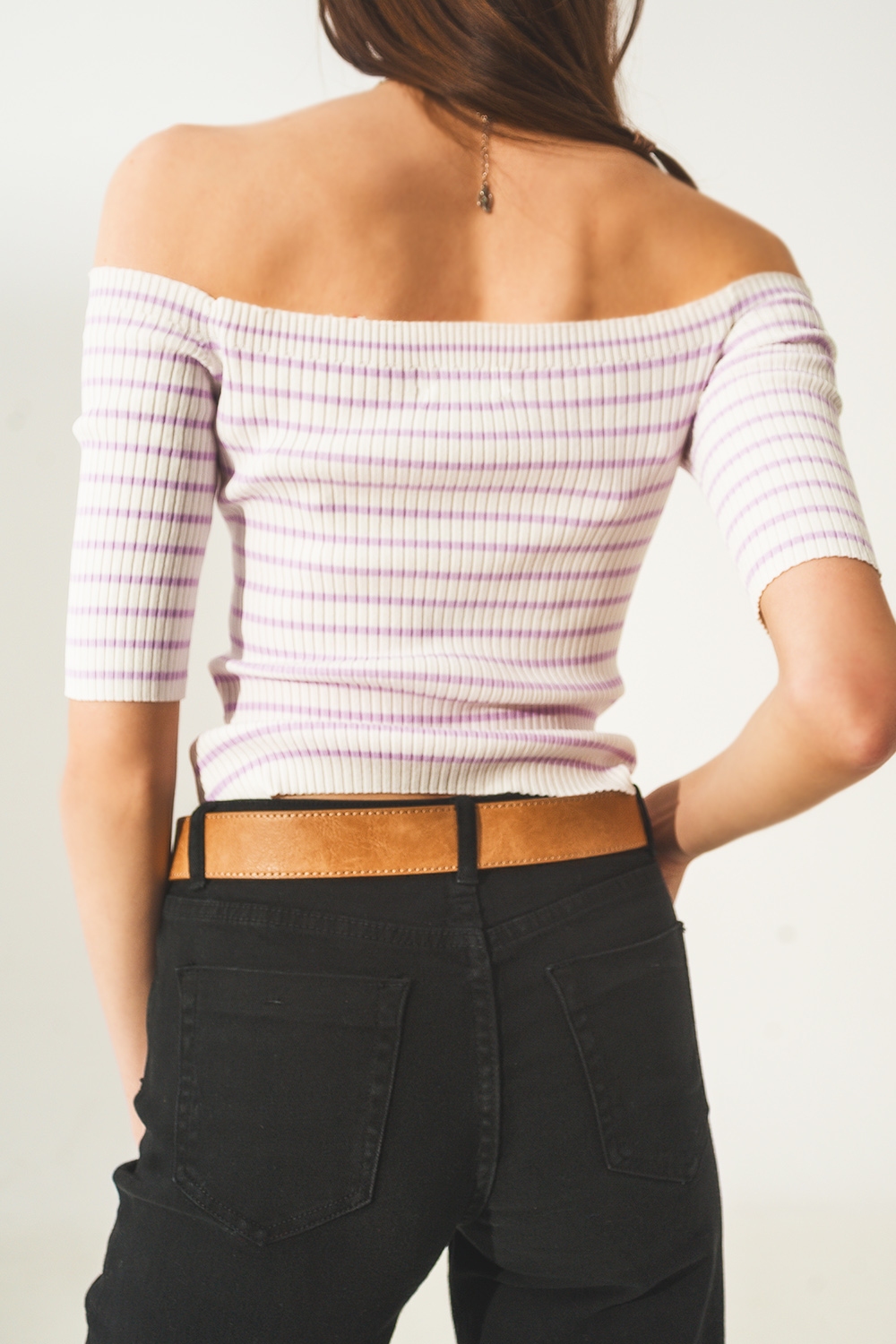 Top lila a rayas con escote Bardot Top lila a rayas con escote Bardot
