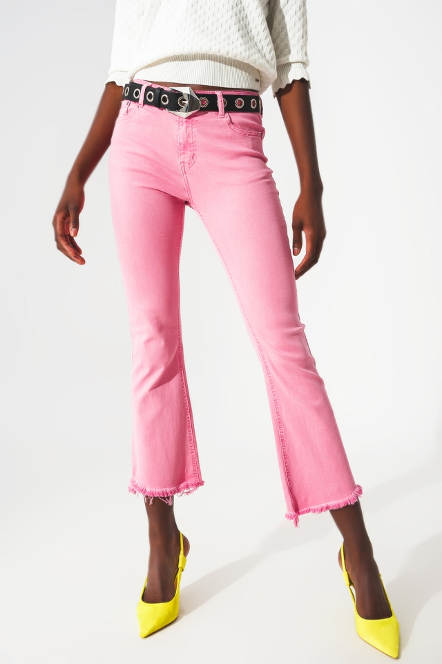 Flare jeans with raw hem edge in bubblegum pink