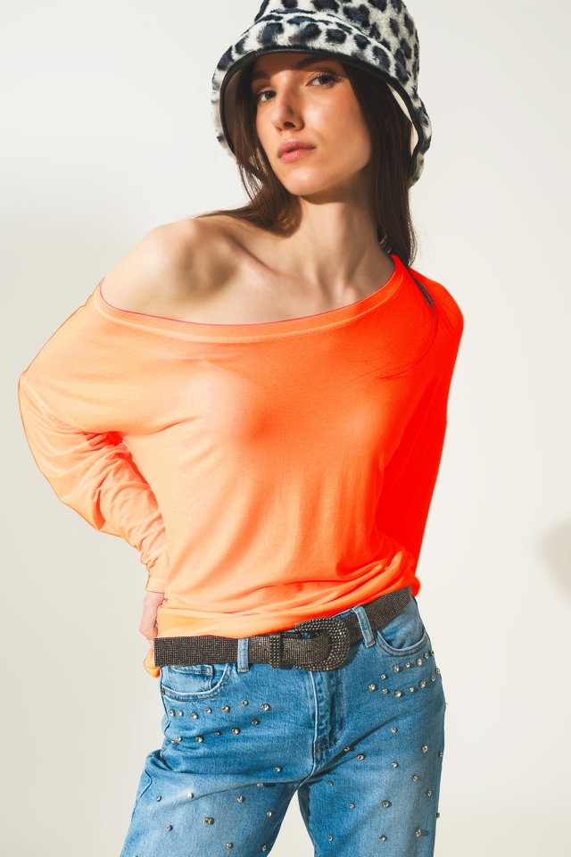 Camiseta naranja cuello barco de manga larga en modal