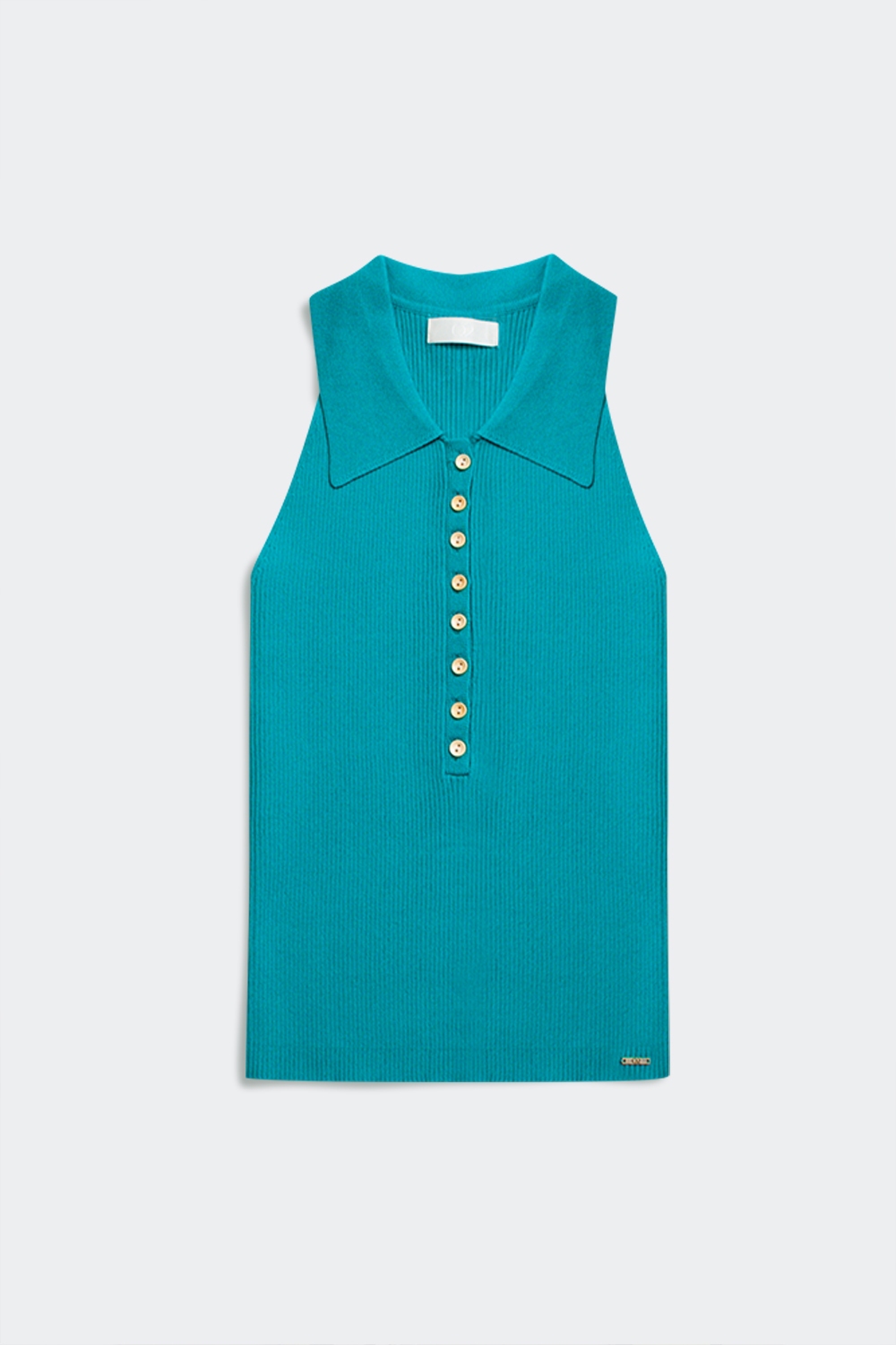 Top de punto canalé con cuello polo en turquesa Top de punto canalé con cuello polo en turquesa