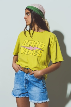T-Shirt with Good Vibes Text in Yellow
