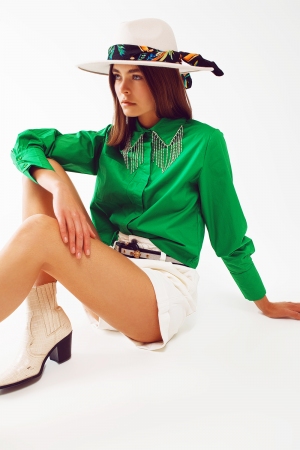 Shirt With Fringe strass Collar in Green