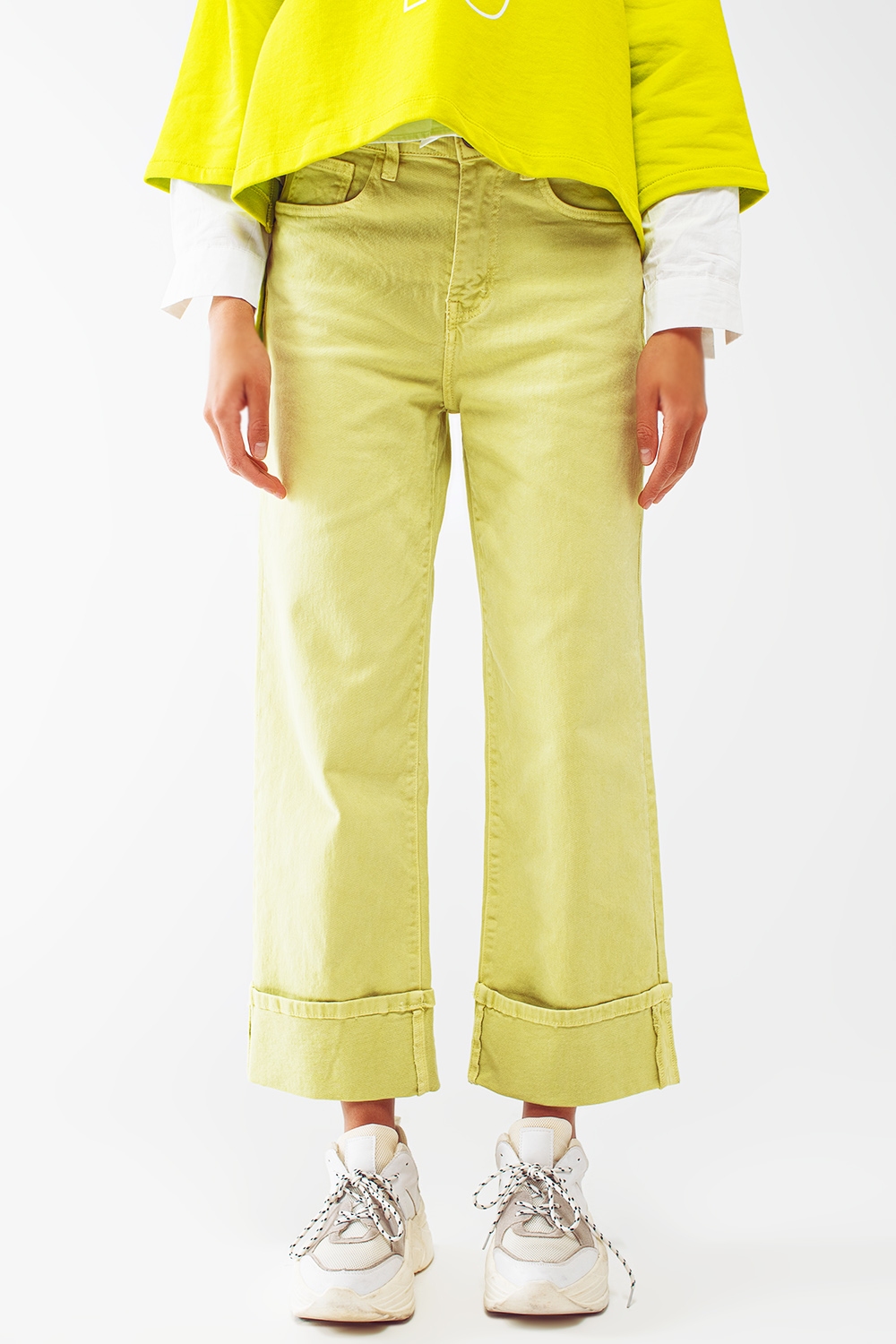 Jeans de pierna recta con dobladillo corto en verde lima