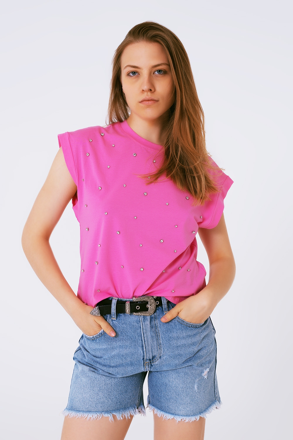 Camisetas Rosa Camiseta Estilo sin mangas Detalle en Strass Camisetas Rosa Camiseta Estilo sin mangas Detalle en Strass
