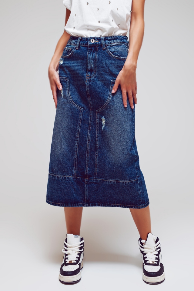 Maxi Pencil Denim Skirt With Panel Details In The Front