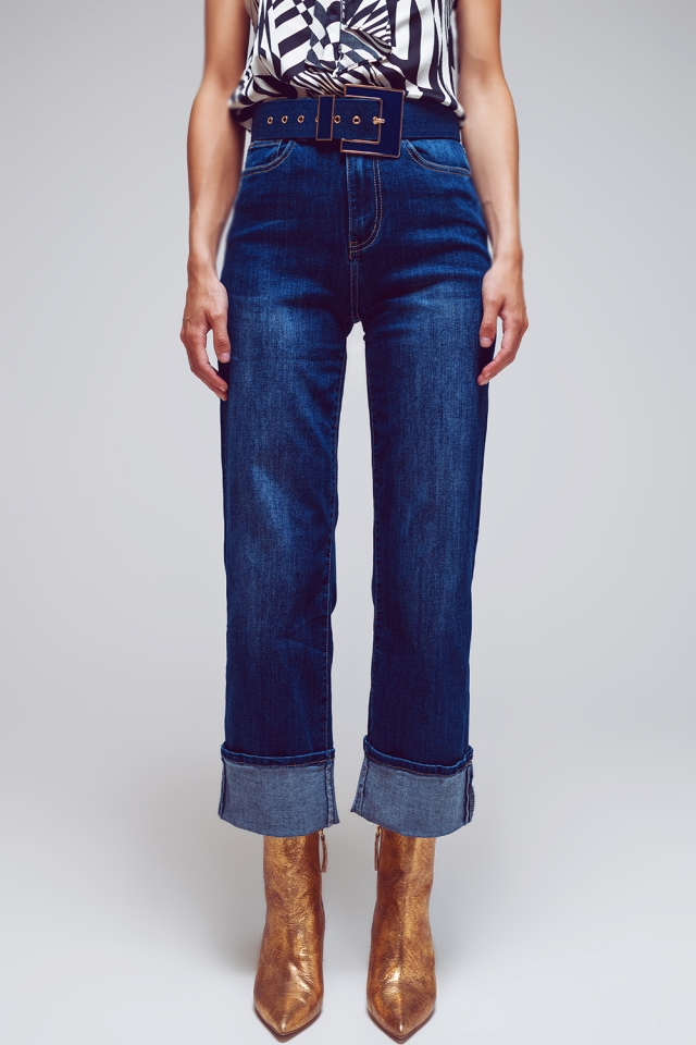 Rechte Jeans met Omgeslagen Zoom in Middenblauwe Wassing