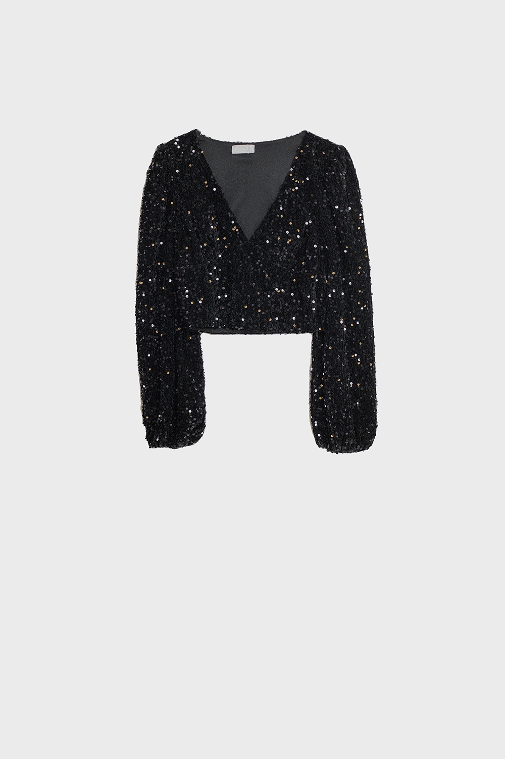 Top de lentejuelas con cuello en V y mangas globo en negro