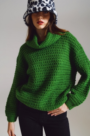 Waffle Knit Sweater With Turtle Neck in Green