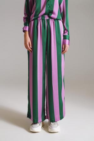 Pantalones anchos de satén con rayas lila y verde