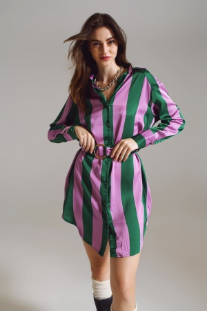 Vestido corto de camisa a rayas lila y verde