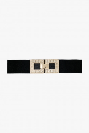Cinturón elástico negro con hebilla cuadrada de doble cierre en pedrería y metal