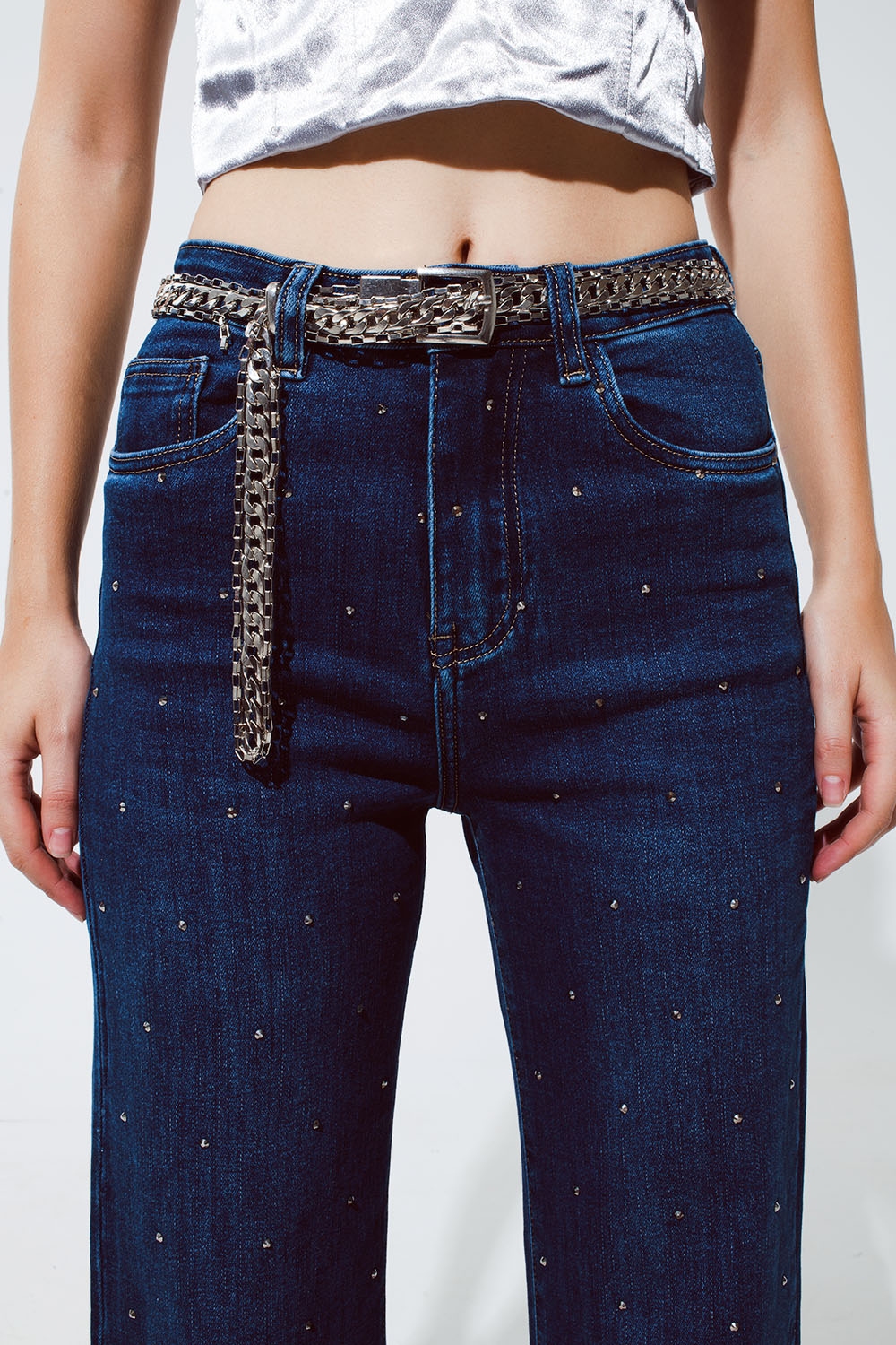 Jeans Pierna Recta con detalle de strass en Azul Jeans Pierna Recta con detalle de strass en Azul