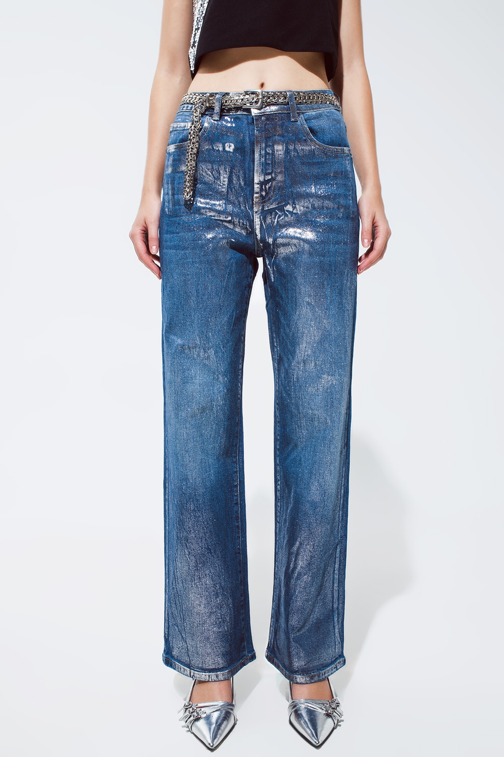Jeans de pierna recta con acabado metálico plateado Jeans de pierna recta con acabado metálico plateado