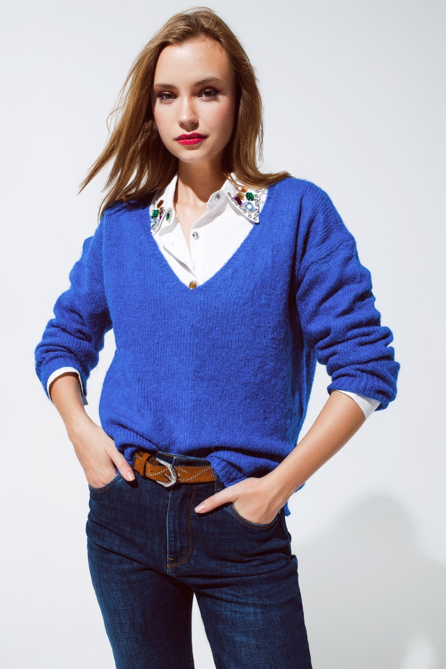 PULL-OVER EN TRICOT À COL EN V BLEU TENDRE