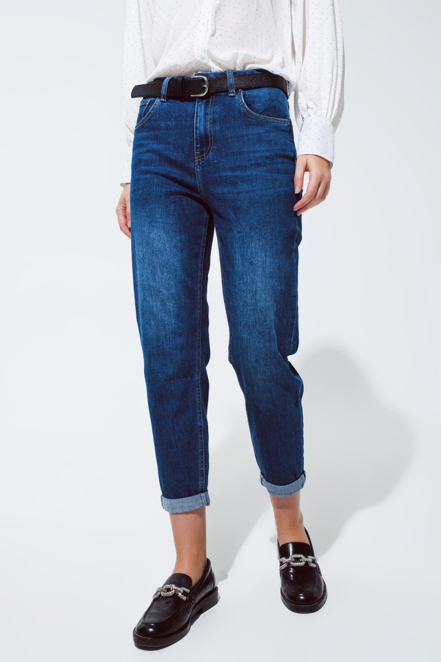 Skinny jeans in gewassen donkerblauw met omgeslagen broekspijpen