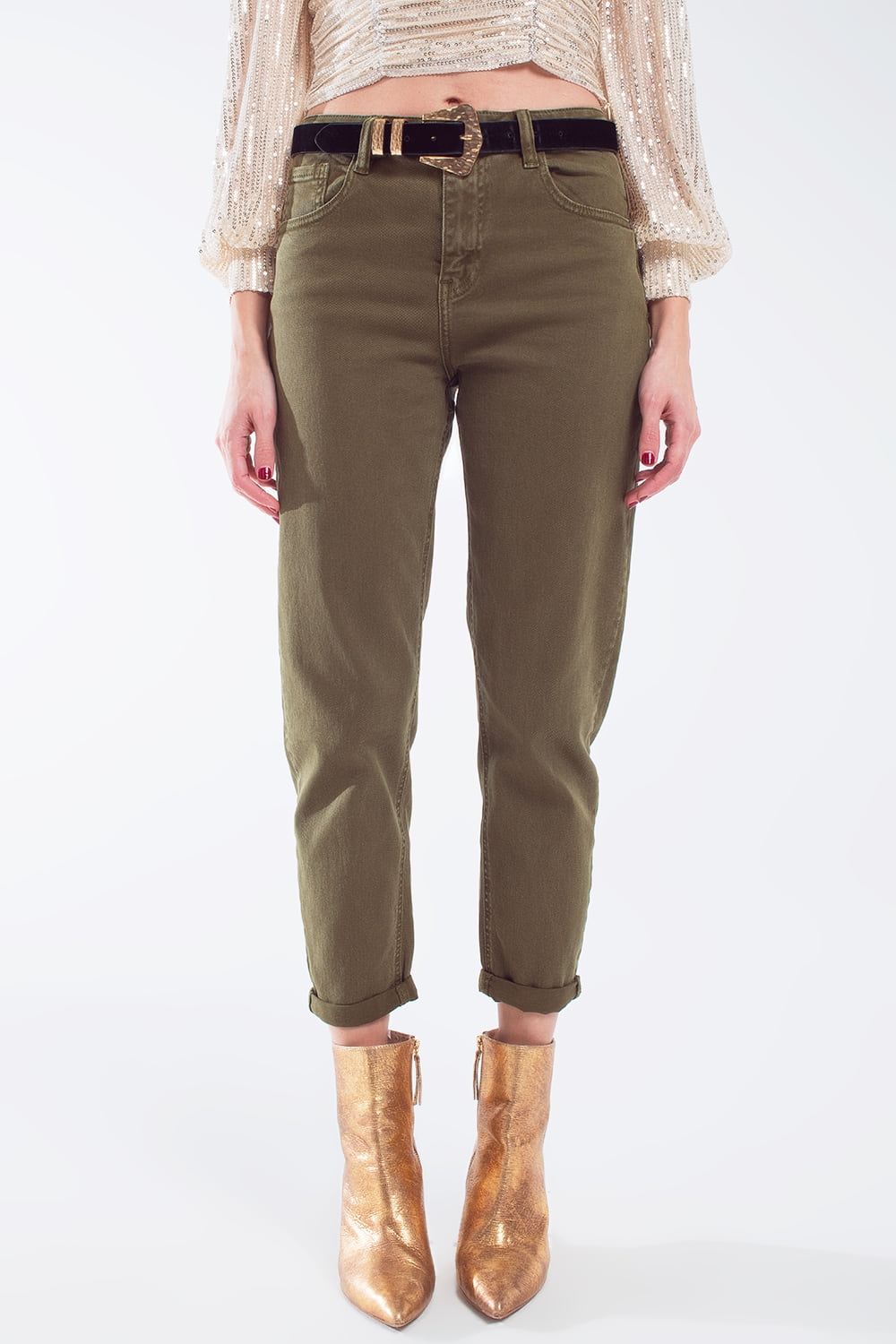 Vaqueros slouchy de algod&oacute;n de talle medio en khaki sepia