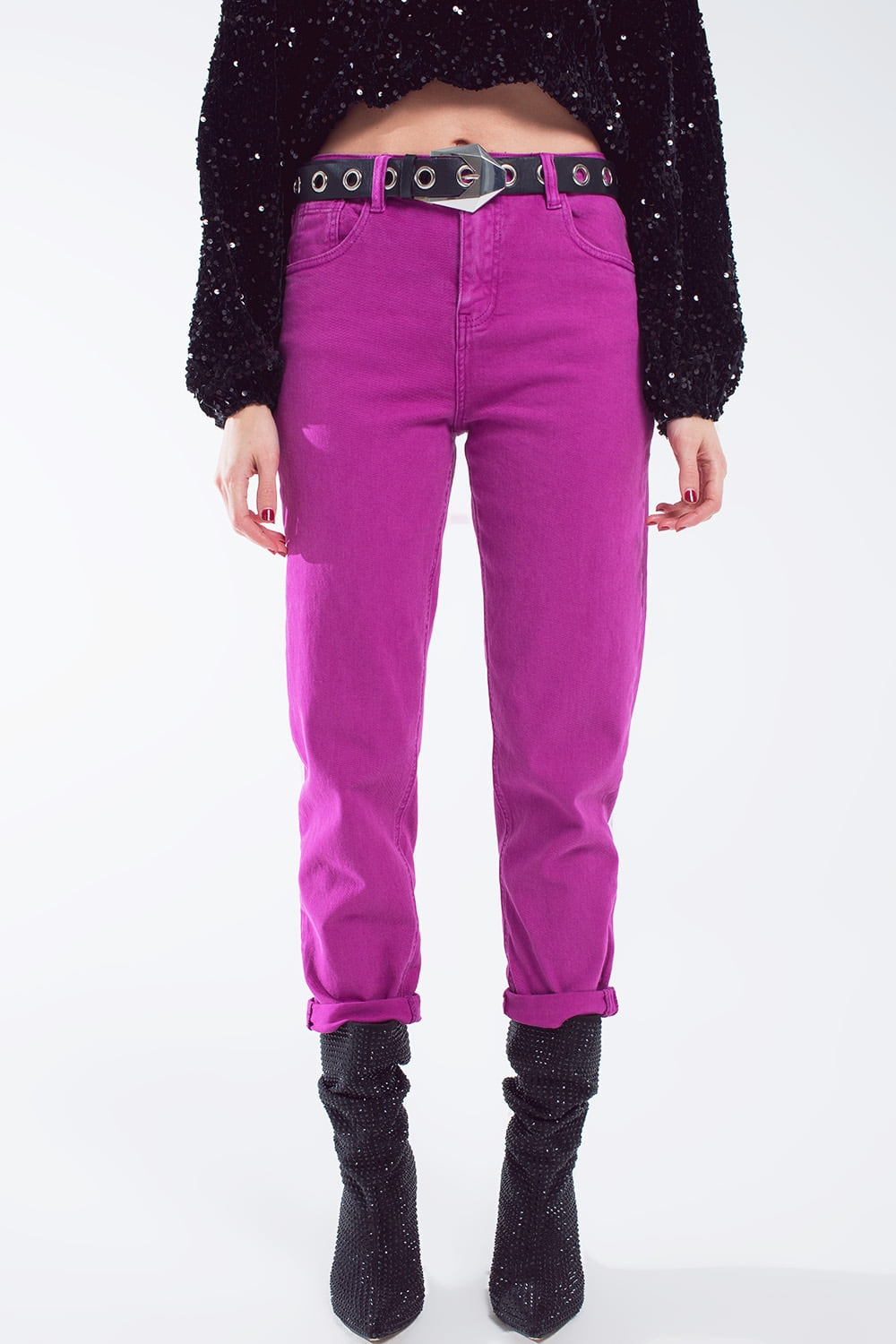 Vaquero slouchy de algodón de talle medio en magenta Vaquero slouchy de algodón de talle medio en magenta
