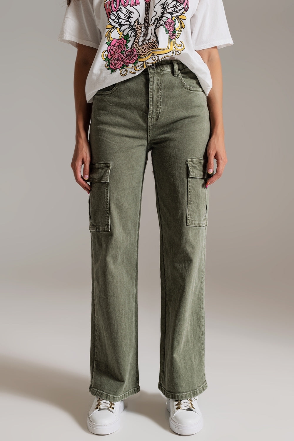Vaqueros Cargo de pierna recta en verde oliva Vaqueros Cargo de pierna recta en verde oliva