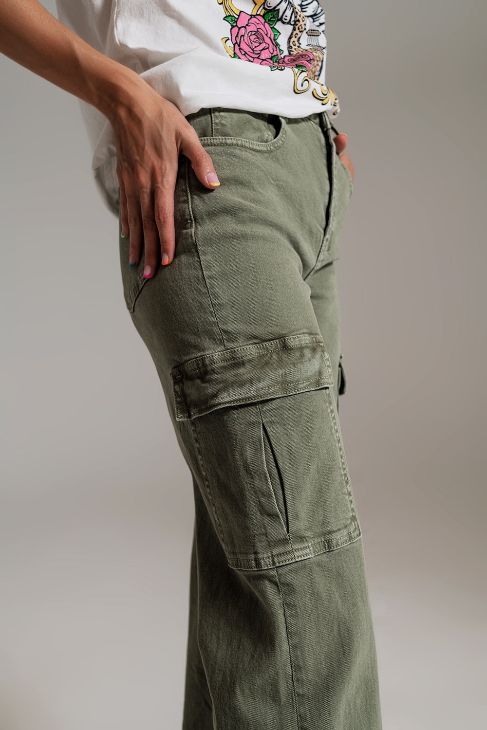 Vaqueros Cargo de pierna recta en verde oliva Vaqueros Cargo de pierna recta en verde oliva