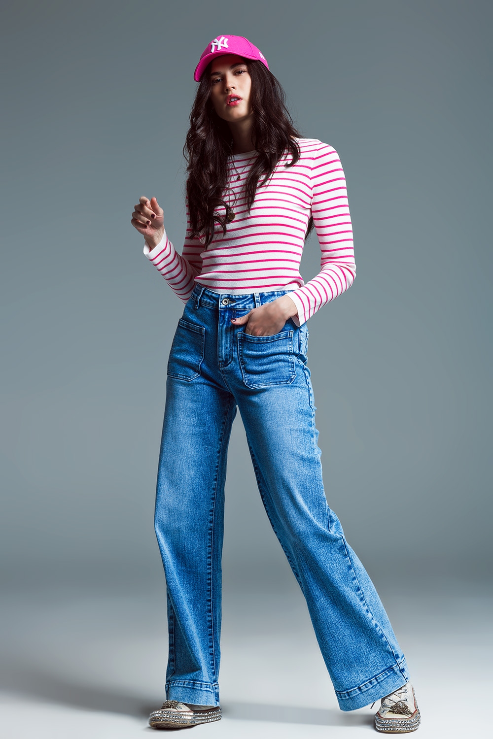 Slim Fit Su&eacute;ter De Punto Fino Con Cuello Barco En Blanco Con Rayas Fucsia