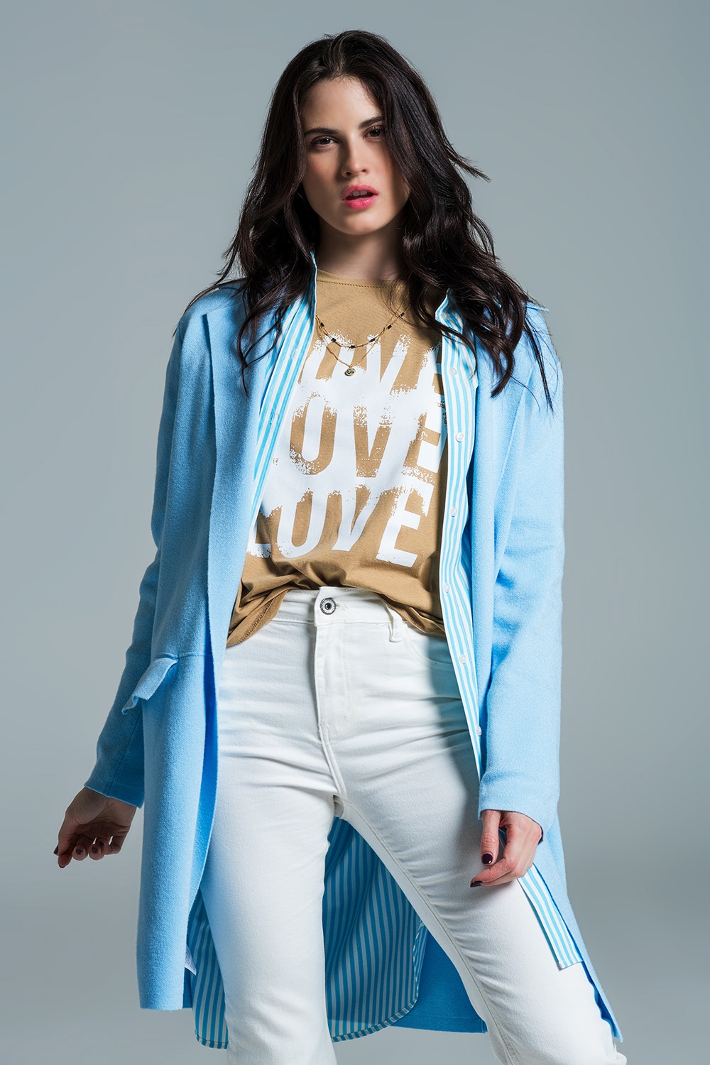C&aacute;rdigan maxi de cuello oversize en azul beb&eacute;