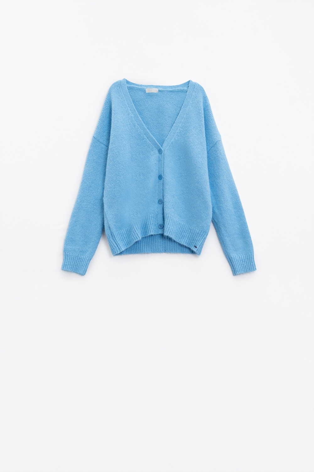 Chaqueta de punto azul con cuello de pico ancho y cierre de botones Chaqueta de punto azul con cuello de pico ancho y cierre de botones