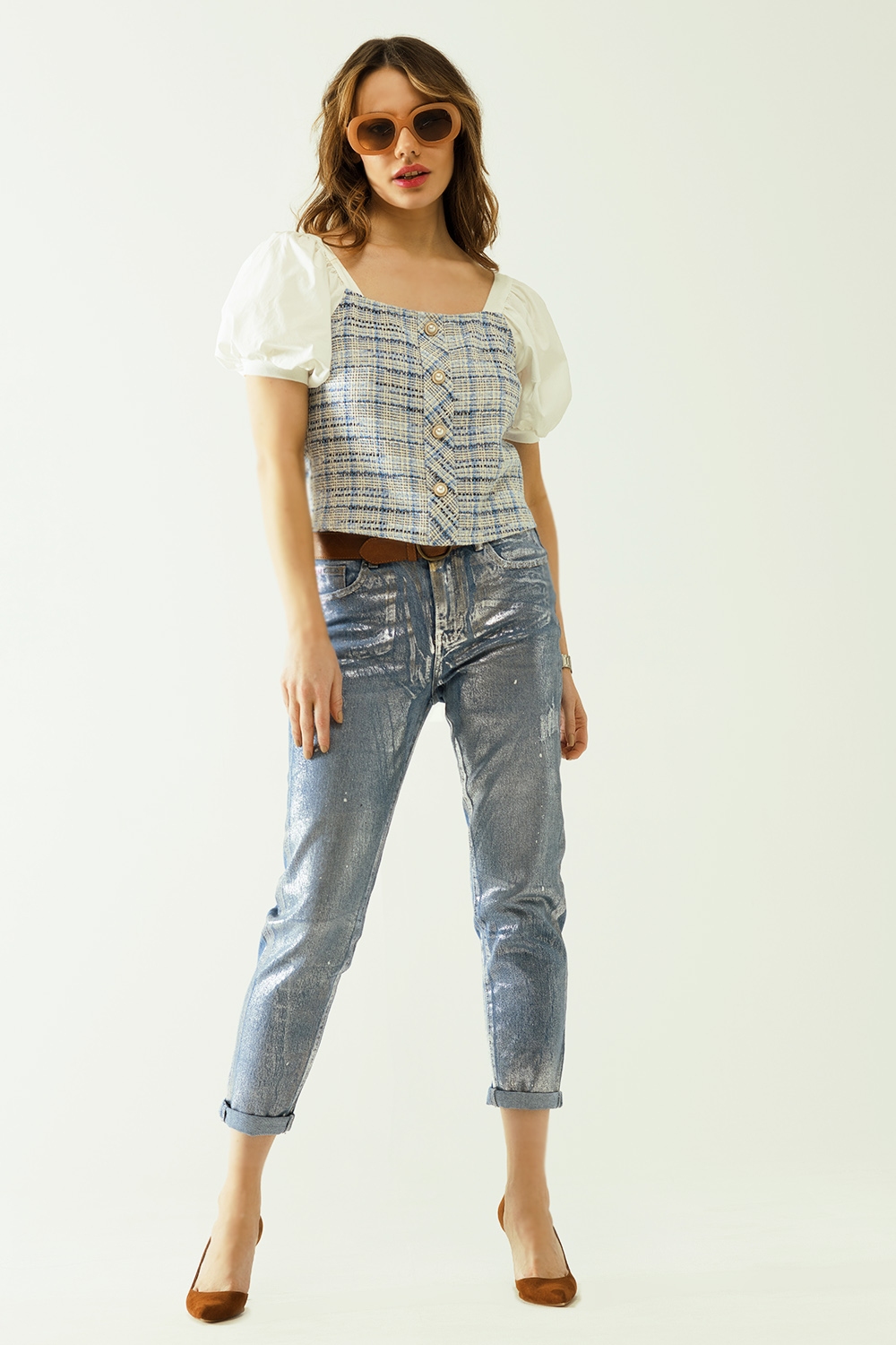 Top de tweed azul con mangas cortas voluminosas y botones de perlas Top de tweed azul con mangas cortas voluminosas y botones de perlas