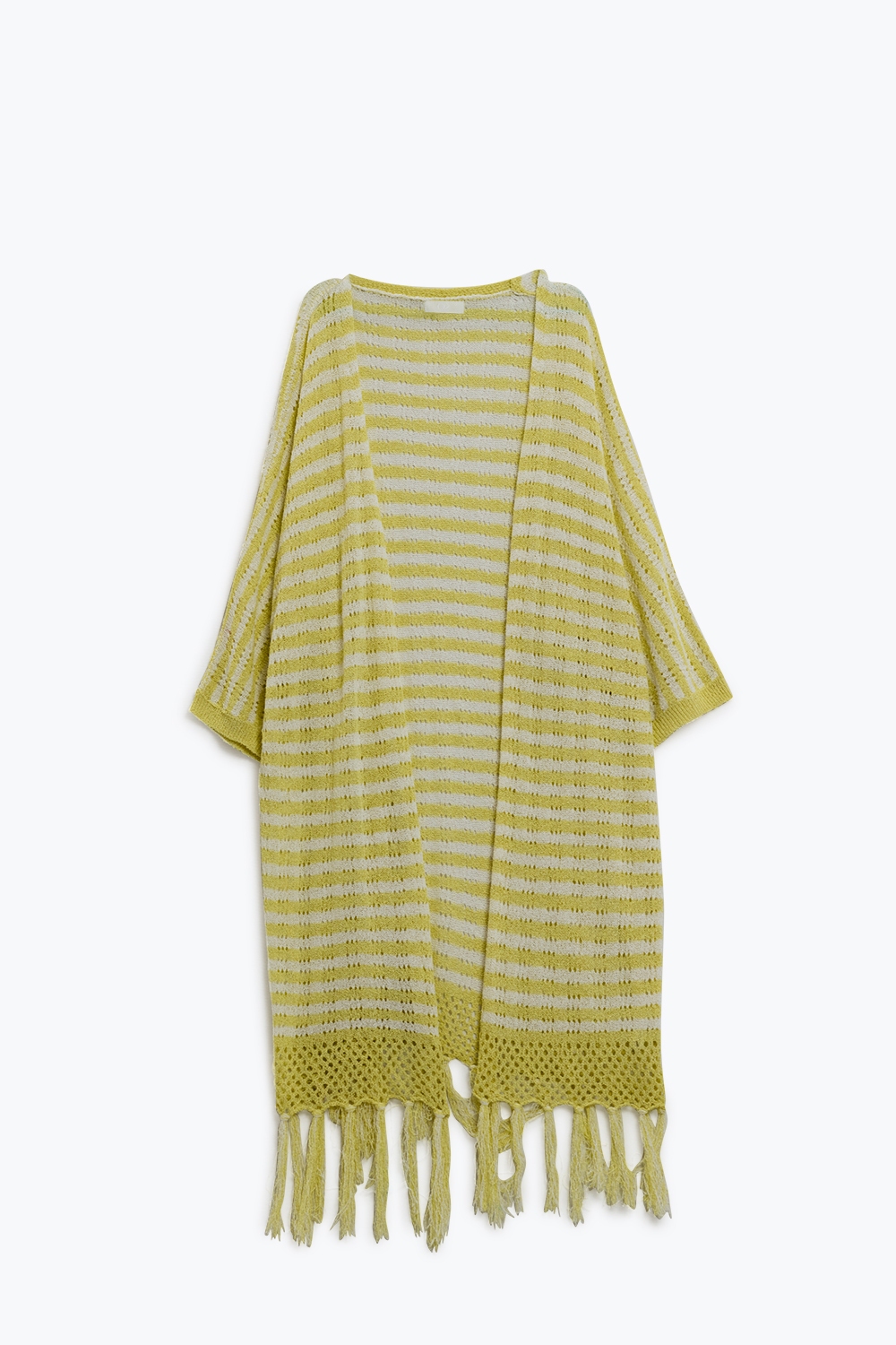 Cárdigan Amarillo Estilo Boho Con Punto Pointelle A Rayas Y Detalles De Flecos Cárdigan Amarillo Estilo Boho Con Punto Pointelle A Rayas Y Detalles De Flecos