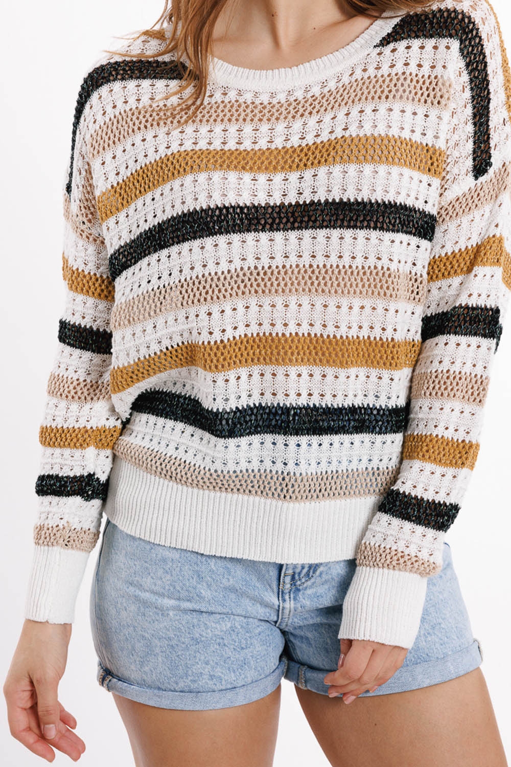 Jersey de punto blanco con rayas multicolores Jersey de punto blanco con rayas multicolores