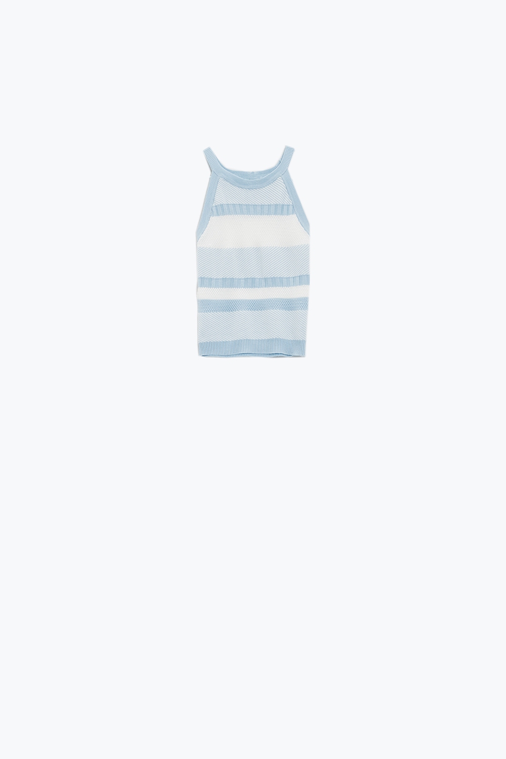 Camiseta de tirantes azul con diseño de rayas en diferentes tejidos Camiseta de tirantes azul con diseño de rayas en diferentes tejidos