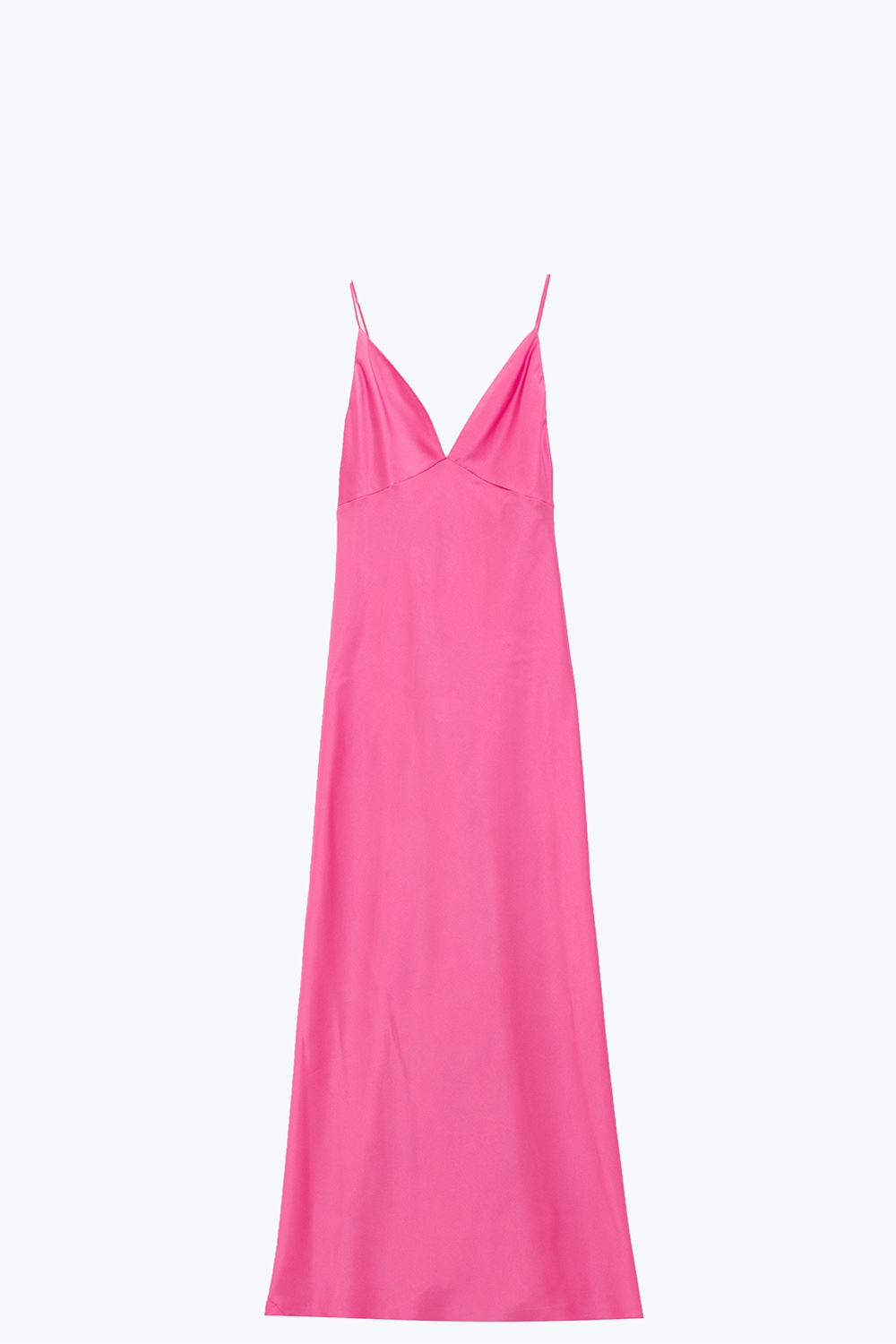 Maxivestido de sat&eacute;n con tirantes fucsia