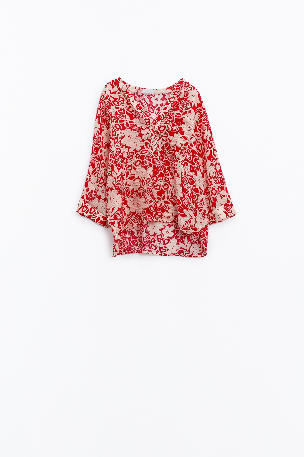 Blusa relajada roja con estampado floral y mangas de campana Blusa relajada roja con estampado floral y mangas de campana