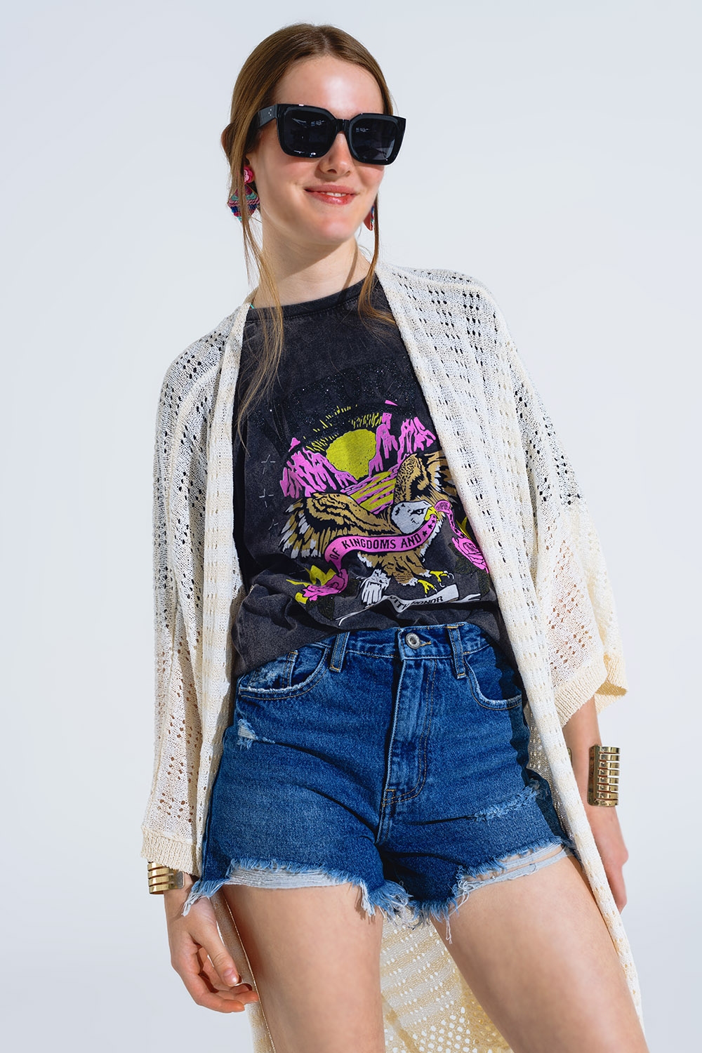 Poncho Crema Estilo Boho Con Punto Pointelle A Rayas Y Detalles De Flecos Poncho Crema Estilo Boho Con Punto Pointelle A Rayas Y Detalles De Flecos