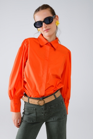 Camisa básica de popelín naranja con mangas largas globo