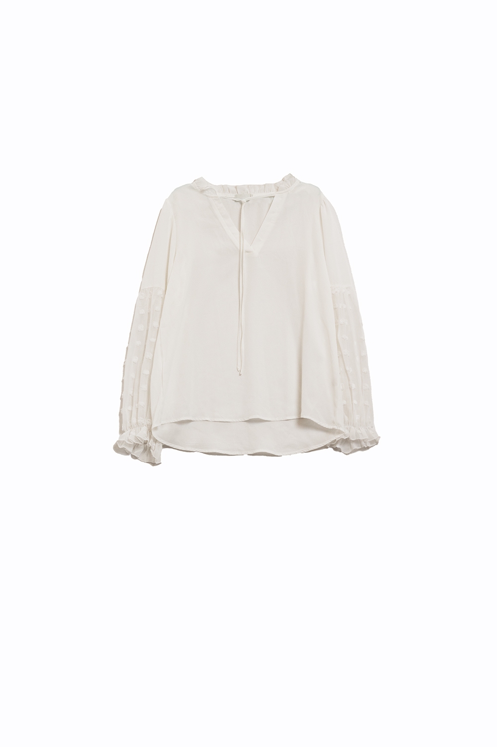 Blusa de gasa Blanca de Lunares en Manga Larga con Cuello en V