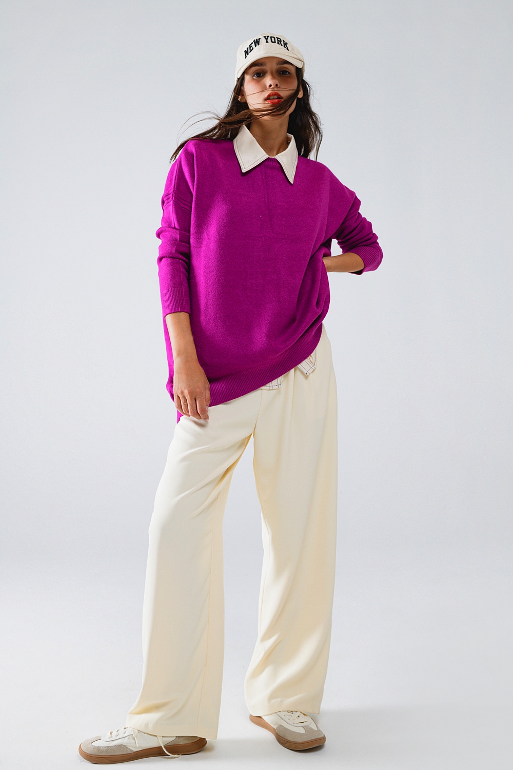 Jersey oversize de manga larga y cuello redondo en fucsia