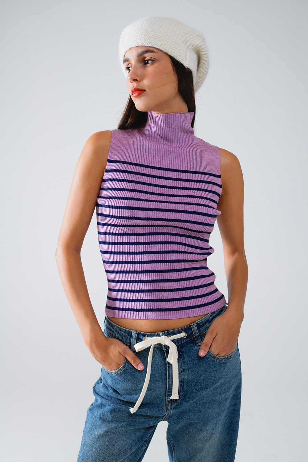Camiseta De Tirantes Con Cuello De Tortuga A Rayas En Lavander